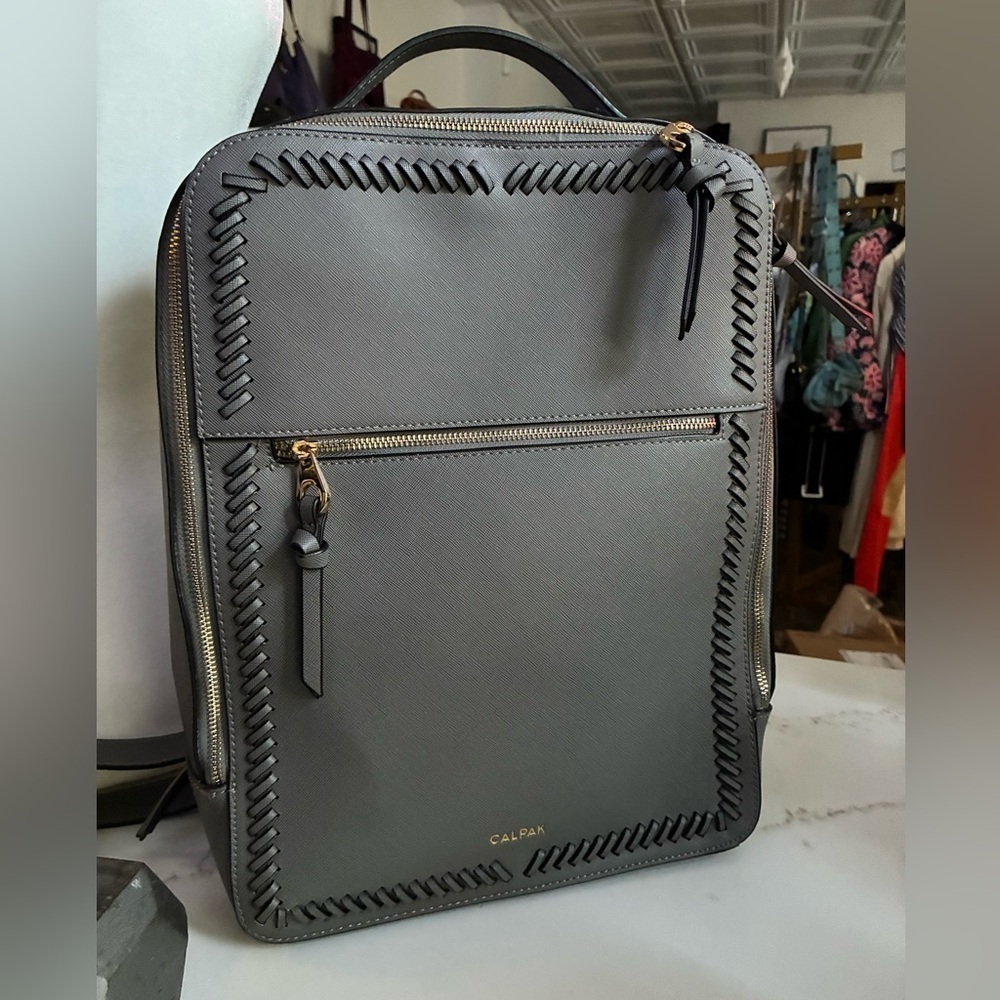 Calpak Womens Kaya Dark Gray Faux Leather Adjustable Strap Laptop Backpack